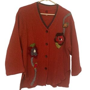 Red Button-Up Waffle Cotton Sweater with Floral Accents in size Med/L